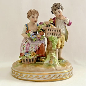 Dresden Antique Porcelain Figurine Children Bird Cage & Flowers Carl Thieme - Picture 1 of 24
