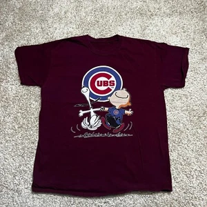 VINTAGE Chicago Cubs Shirt Mens Large Maroon Snoopy Charlie Brown Baseball USA - Picture 1 of 10