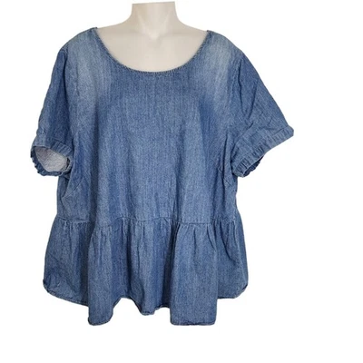 Top de mujer Lane Bryant talla 22/24 azul peplum lavado claro cambray denim atado trasero Foto 1 de 4