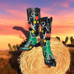 Western Cowgirl Boots Embroidered Ornate Size 6 37 Mid Calf Hearts Birds Flowers - Picture 1 of 14