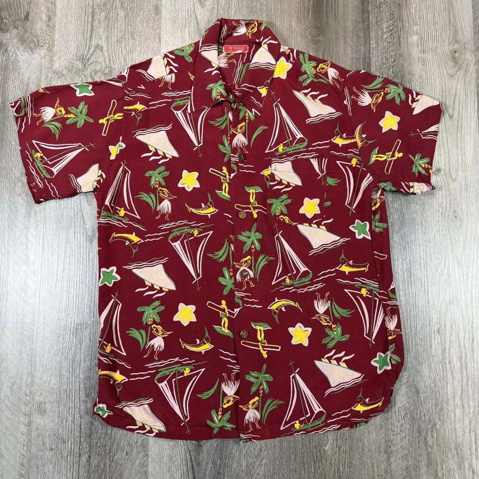 Camisa Aloha Vintage Años 50 Kahala Honolulu Rayón Crepé Hula Surf Canoa Estampado Para Hombres S Foto 1 de 4