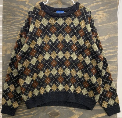 Vintage Towncraft Argyle Sweater Men’s XL Made in Korea 80s 90s Brown Navy Green - Image 1 of 4