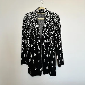 Talbots Womens Open Front Cardigan Size L Leopard Print Black White Long Cozy - Picture 1 of 9