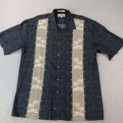 Campia Moda Hawaiian Shirt Black Vertical Stripe Palm Tree Print Rayon Mens L - Image 1 of 4