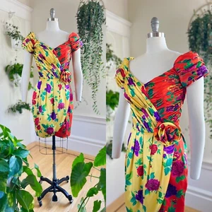 Vintage 1980s 80s Rose Floral Print Silk Color Block Wiggle Cocktail Party Dress - Picture 1 of 11