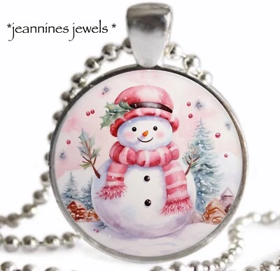 Collar Muñeco de Nieve Rosa Pastel Navidad Regalo Vacaciones Plata Dije Colgante Foto 1 de 4