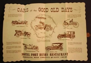 1960s Wheeling West Virginia Motel Fort Henry Restaurant Antique Cars placemat-- - Picture 1 of 1