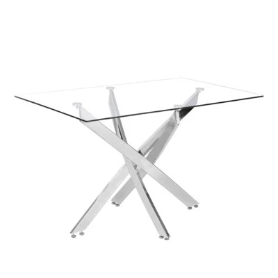 DREAM-HOMELAND Rectangle Clear Glass Dining Table 120x70cm Modern Cross Chrome Legs Furniture