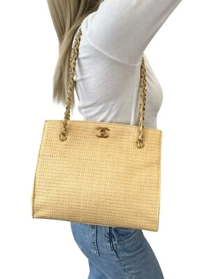 CHANEL Vintage 90s CC Logo Chain Shoulder Bag Cream Gold Straw - Image 1 of 4