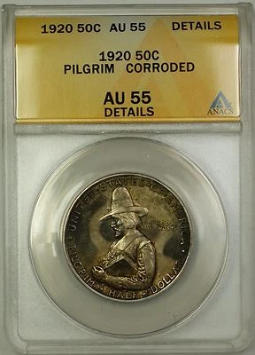 1920 Pilgrim Commem Silver Half Dollar 50c Coin ANACS AU-55 Details Corroded - Image 1 of 2