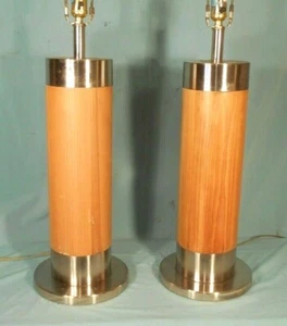 VINTAGE PAIR OF MID CENTURY STYLE COLUMN LAMPS-BRUSHED STEEL AND WOOD LAMINATE - Picture 1 of 8