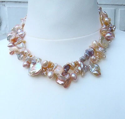 Keshi Süßwasser Perlen Collier 2-reihig handgefertigt Unikat Perlen Kette 5506 - Bild 1 von 4