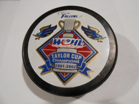 Fresno Falcons WCHL 2001-02 Taylor Cup Champions hockey puck - Lindsay Slug Cover