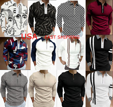 â­�â­�Polo Shirt Men Zipper Collar Fashion Long Sleeve 2 Tone Sport Golf Zip T Dress