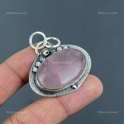 Womens day Sale Oval Rose Quartz Stone 925 Sterling Silver Engagement Pendant - Image 1 of 4