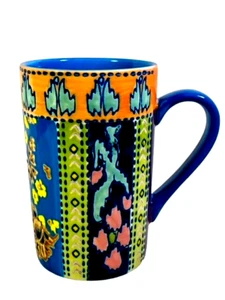 Weltmarkt bunte exotische handbemalte geprägte Blumen 12 Unzen Kaffeebecher Tasse - Bild 1 von 9