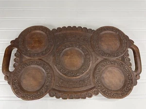 "Antigua bandeja de madera anglo india tallada a mano de teca 5 secciones 15,5"" X 9""" - Imagen 1 de 10