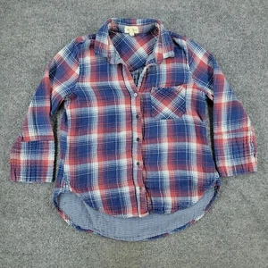 Cloth & Stone Button Shirt Women's Medium Blue Red Plaid Flannel Long Sleeve Top - Picture 1 of 14
