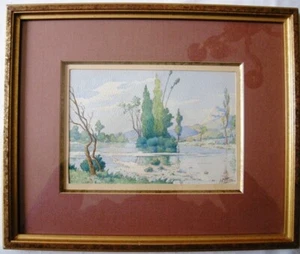 BELLE AQUARELLE ILOT ARBORE SUR UNE RIVIERE SIGNEE - Picture 1 of 4