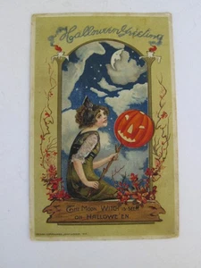 Antique 1912 John Winson German Halloween Embossed Postcard Moon Woman Pumpkin - Picture 1 of 5