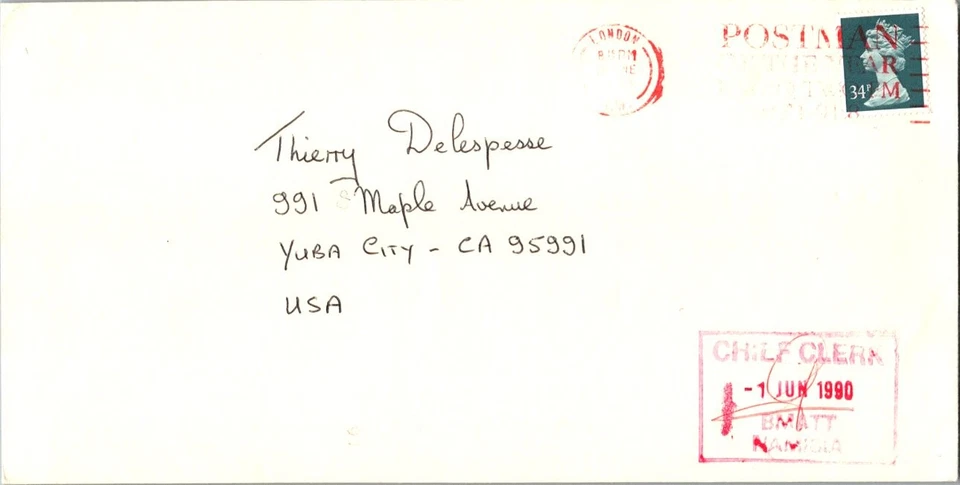 Great Britain 34p QEII Machin 1990 London to Yuba City, Calif. with red boxed Ch - Image 1 of 1