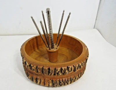 Vintage Ellwood Rustic Ware Nut Bowl with Cracker and Picks Live Edge Wood Bowl - Image 1 of 4