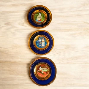 Set Of 3 24k Gold Cobalt Blue Porcelain 3.5" Korean Souvenirs Highly Collectible - Picture 1 of 16