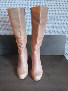 Guess Boots Womens 6.5 M Tall Knee High Beige Leather Zipper Heeled Round Toe - Picture 1 of 8