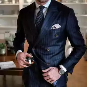 Chic Pinstripe Navy Men Suits 2 Piece Set Formal Double Breasted Peak Lapel Suit - Picture 1 of 16