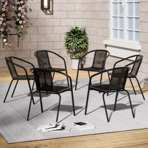 Set of 6 Black Patio Garden Chairs Outdoor Metal Wicker Dining Furniture - Picture 1 of 2