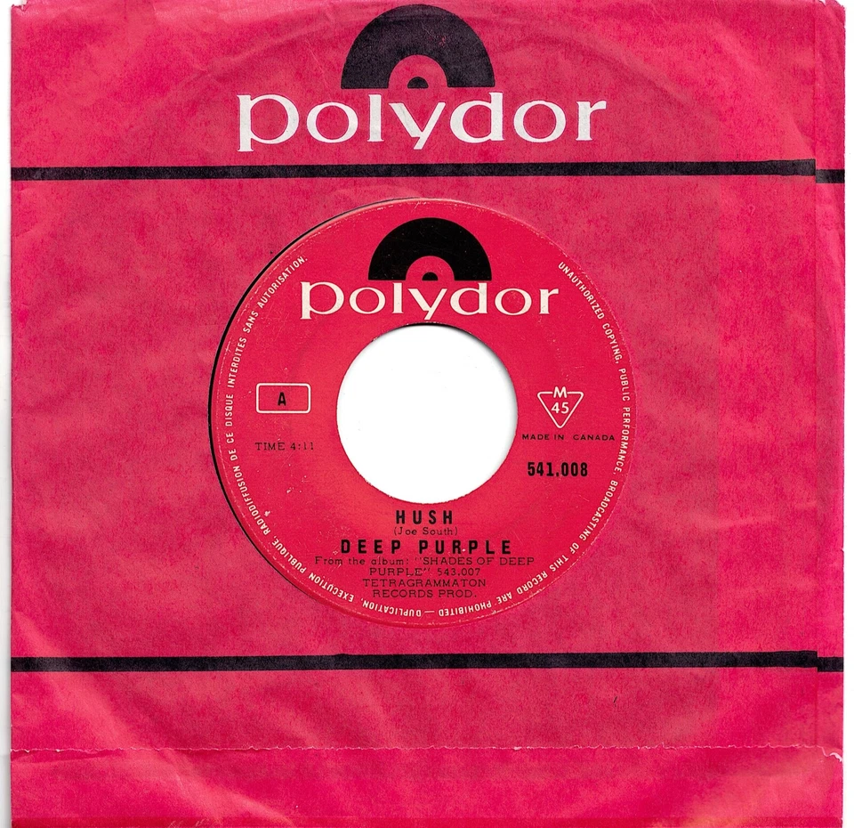 CANADA 1968 HARD ROCK 45 RPM DEEP PURPLE : HUSH + ONE MORE RAINY DAY - Image 1 of 1