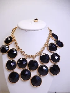 Kate Spade Connect Four Black Bib Necklace Gold Tone 16 - 17" N123 - Picture 1 of 2