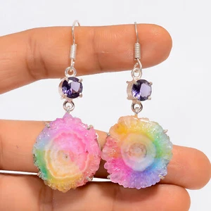 Rainbow Solar Quartz Amethyst Gemstone 925 Silver Handmade Earrings 2.1" ARE5010 - Picture 1 of 3