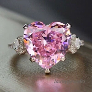 Genuine Pink Sapphire 5.66CT Heart Shape Engagement Ring 14K White Gold Finish - Picture 1 of 5