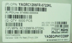 YAGEO RC1206FR0722KL Qty of 1300 per Lot CAP SMD;RES SMD 22K OHM 1% 1/4W 1206;2 - Picture 1 of 1