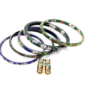 6 Pc Vtg Colorful Enamel Cloisonné Chinese Flower Bangle Bracelets Earring Lot - Picture 1 of 8