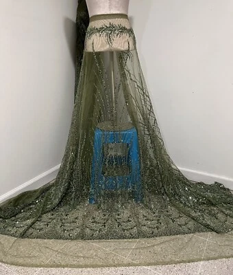Olive Green Beaded Sequins Embroidery Bridal Lace Fabric 50” Width Sold By Yard - Image 1 of 4
