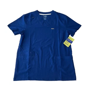 Landau Scrub Top Mens Size L Blue V Neck Zip Detail Short Sleeve Stretch - Picture 1 of 17