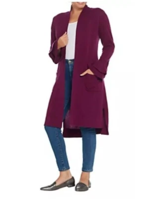 Cárdigan largo Isaac Mizrahi ciruela 2 capas cachemir con volantes puño suéter grande nuevo con etiquetas Foto 1 de 4