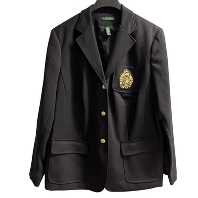 Blazer Lauren Ralph Lauren Negro Lana Dorado Corona Cresta Botón Preppy Dinero Antiguo Foto 1 de 4