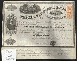 1864 ERSTE NATIONALBANK COLUMBIA, PA AKTIENZERTIFIKAT MIT BÜRGERKRIEG I R S BRIEFMARKE - Bild 1 von 1
