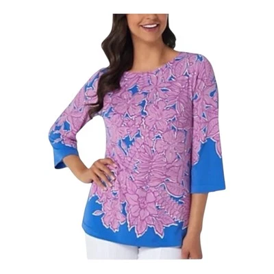 Bob Mackie ботанический принт вязаный топ маленький орхидея цветочный туника с длинным рукавом - Изображение 1 из 4