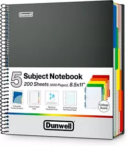 Dunwell 5-Subject Notebook, College Ruled, Colorful Movable Pocket Dividers with - Picture 1 of 6