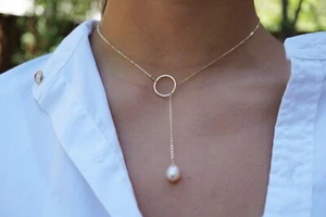 Freshwater Pearl Lariat Necklace Peach Pearl Drop Y Necklace Gold Filled Lariat - Picture 1 of 8
