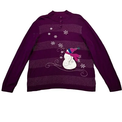 CJ Banks Sweater Womens 1X Purple Snowman Knit Winter Popover Grannycore holiday - Image 1 of 4