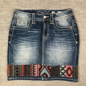 Miss Me Skirt Womens 26 Blue Denim High Rise Short Aztec Tribal Trim Straight - Picture 1 of 12
