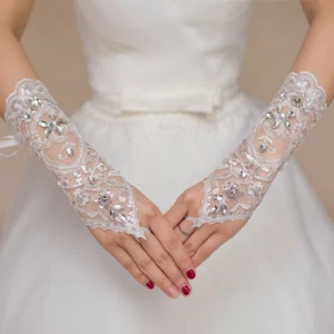 1 Paio Guanti da Sposa Bianchi in Pizzo con Strass Guanti in Pizzo Accessori per Feste Matrimonio - Foto 1 di 8