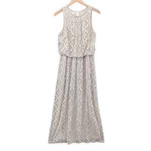London Times Crochet Maxi Blouson Dress Oatmeal Beige Sleeveless Lined Size 8 - Picture 1 of 9