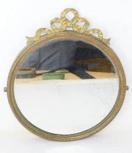 Round Brass Wall Mirror With Ribbon Crest And Decorative Gilded Frame - Picture 1 of 5