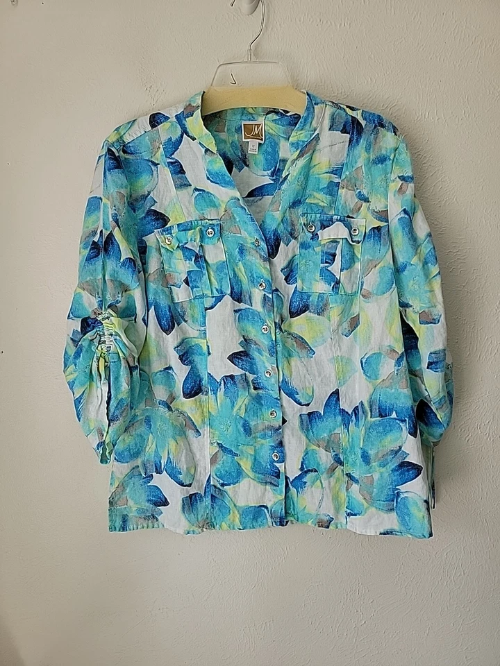 JMS 亚麻花卉上衣纽扣前皱褶袖 12 码 — 第 1/4 张图片